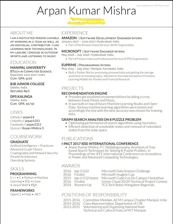 Resume used when applying for the Amazon internship